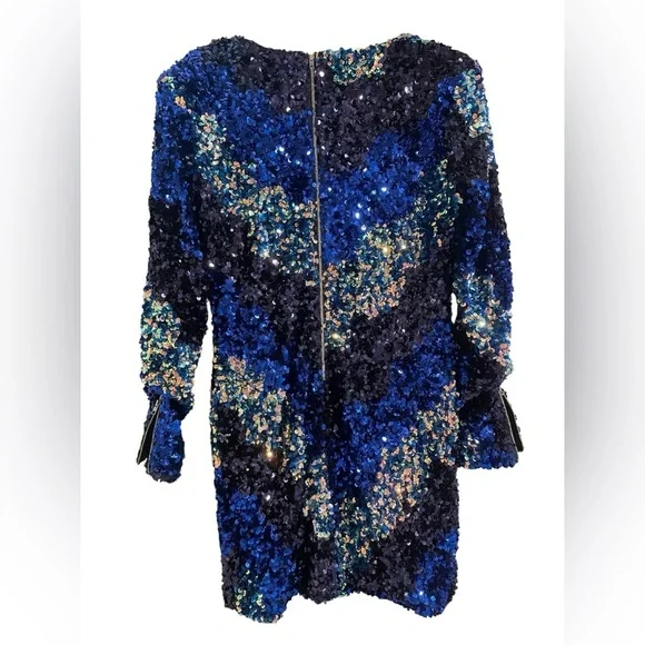 Fashion Nova Blue and Gold Sequin Mini Dress Long Sleeve Size Medium - Picture 4 of 5